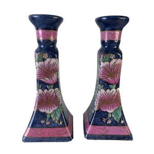 Vintage, Set of 2 WBI Chinese Blue & Pink Oriental Floral Porcelain Candlesticks